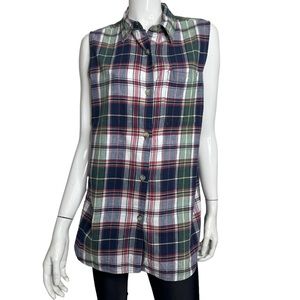 🤑 4/$24 Eddie Bauer Plaid Blue Green Red White Sleeveless Button Down Shirt